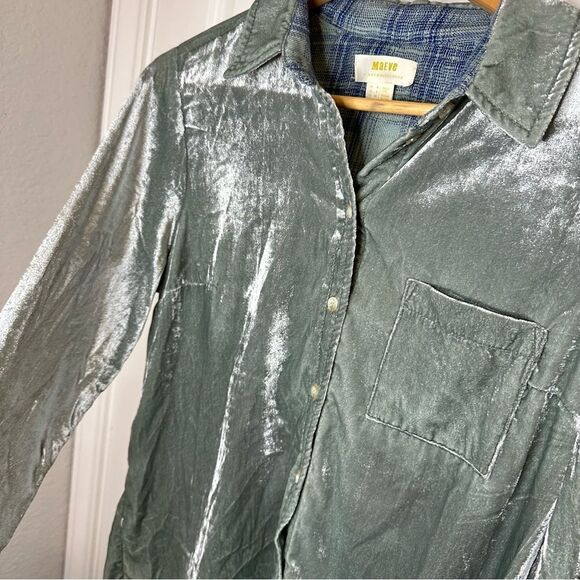 Maeve By Anthropologie Sage Green Crushed Velvet Button Down Sz 4 Boho Preppy - Picture 3 of 8